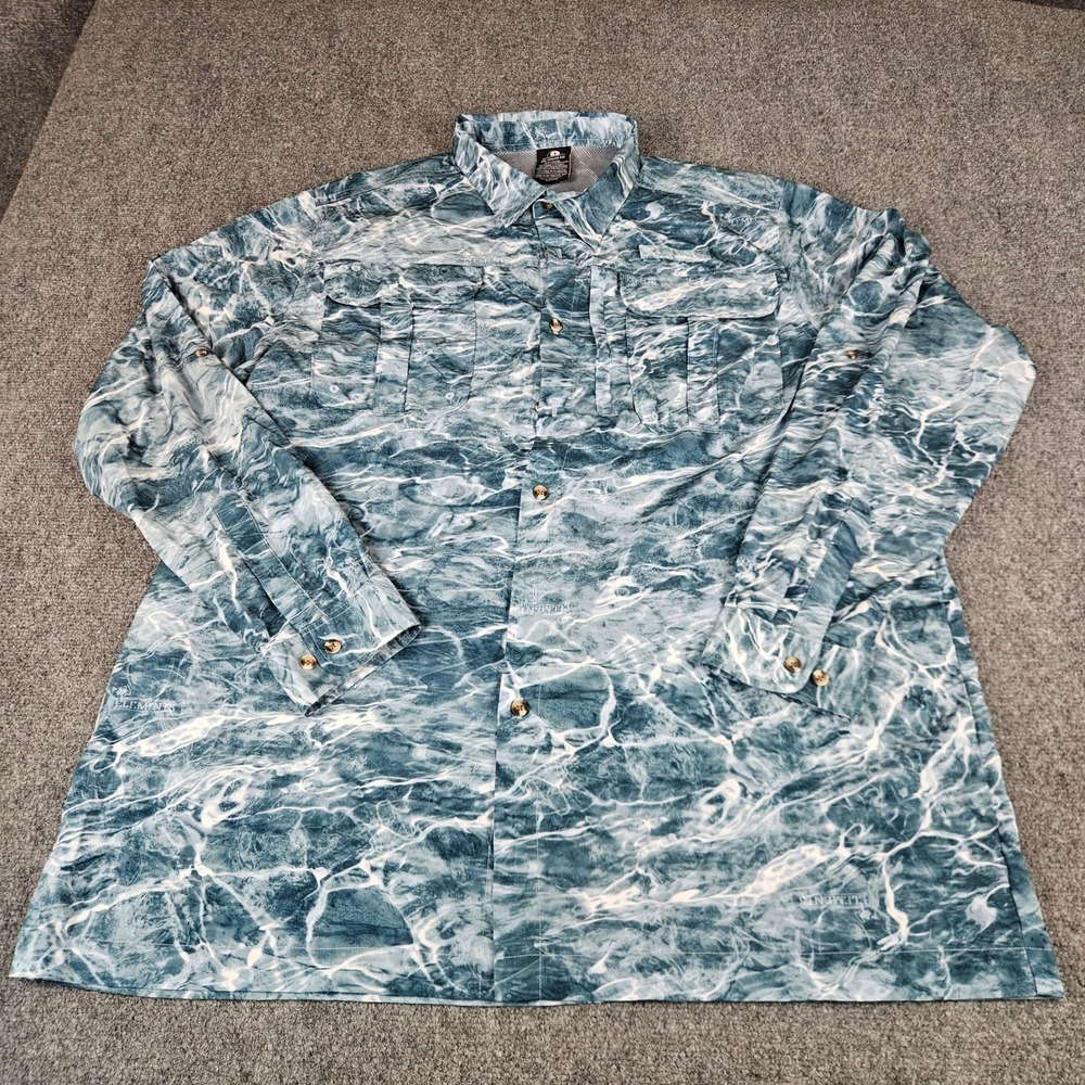 Mossy Oak Fishing Elements Blue Water Camo Shirt Mens 2XL Long Sleeve Ventilated